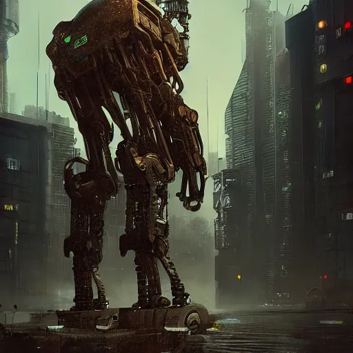 Image similar to a giant walking machine in a cyberpunk world, au naturel, hyper detailed, digital art, trending in artstation, cinematic lighting, studio quality, smooth render, unreal engine 5 rendered, octane rendered, art style by klimt and nixeu and ian sprigger and wlop and krenz cushart