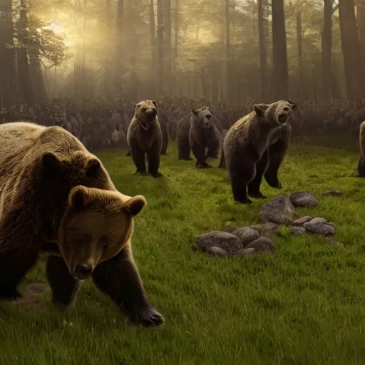 Image similar to an army of bears facing an army of bulls, magical forest, fantasy, Ireland, England, king Arthur, Lord of the rings, cinematic, realistic style, beautiful, majestic, dramatic lighting, early morning, dawn CGsociety, realistic, hyper maximalist, golden ratio, octane render, rule of thirds, wide shot , 8k resolution, epic volumetric light, cinematography, concept art, Artstation trending, environments, fantasy