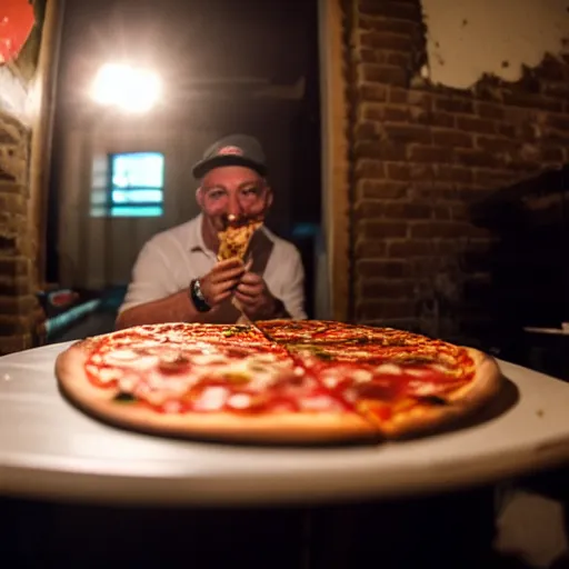 Prompt: gopro footage of a middle aged man eating a slice of pizza in the backrooms, iso 8 0 0, low depth of field, cinematic, volumetric lighting