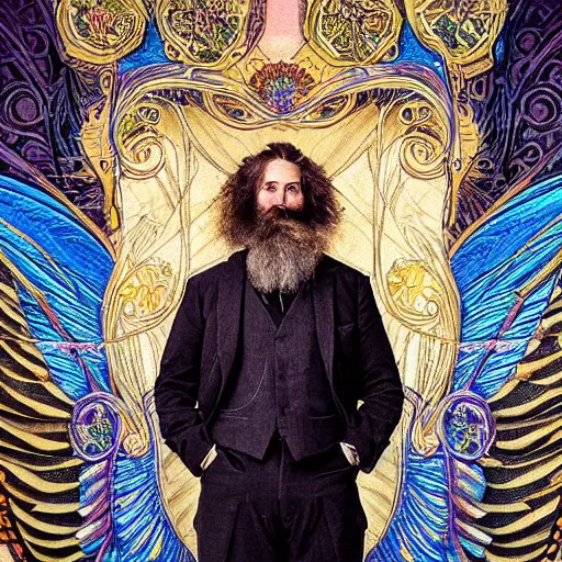 Prompt: portrait of a man with a beard made of butterfly wings, oil painting, epic lighting, art nouveau