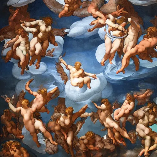 Prompt: Beautiful realistic painting of a cloudy sky with angels, electric storm, monotonous, volumetric light, ultradetailed, surrealism by Michelangelo