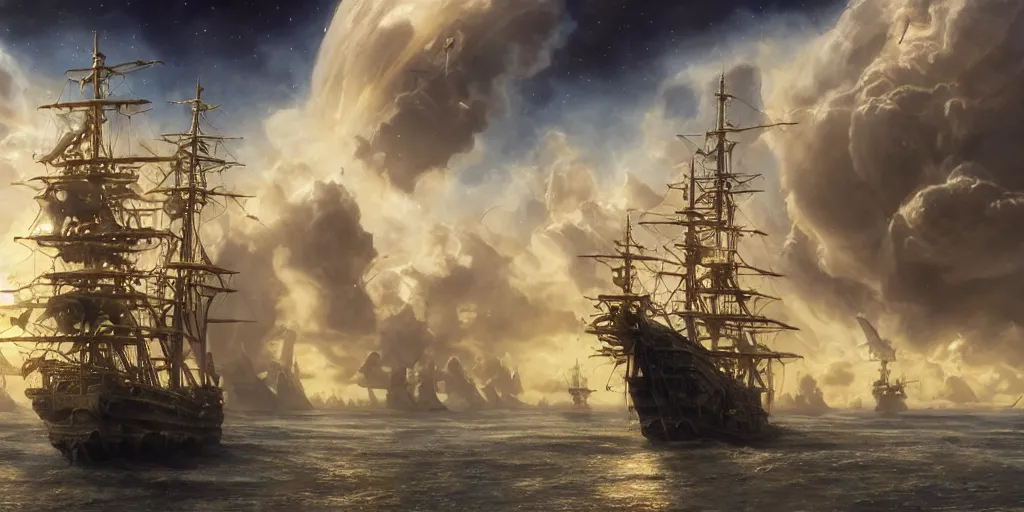 Image similar to Photorealistic epic science fiction painting of one solitary tall ship with three masts floating in space, by Rodney Matthews and Roger Dean. photorealism, UHD, amazing depth, glowing, golden ratio, 3D octane cycle unreal engine 5, volumetric lighting, cinematic lighting, cgstation artstation concept art
