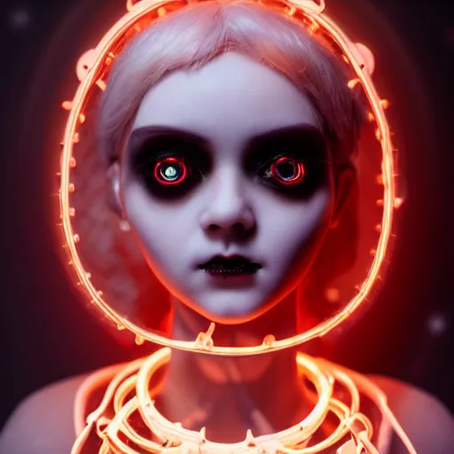 Image similar to Gorgeous feminine porcelain doll with cracking skin and machine parts, glowing red eyes, full body portrait, wires, cyborg, beautiful shattered porcelain skin, gothic, steampunk, glowing red eyes, magic runes, feminine anatomy, witchcraft, hex, shadows, cinematic lighting, octane render, 8k high detail