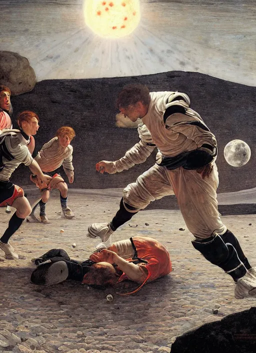 Image similar to a soccer match on the moon by edgar maxence and caravaggio and michael whelan and delacroix style, artistic, intricate painting, cinematic lighting, hyper realistic, extremely detailed, establishing shot, 8 k resolution, dramatic lighting