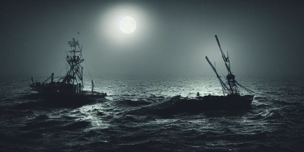 Image similar to a ghost ship at sea, night, volumetric, cinematic, award winning