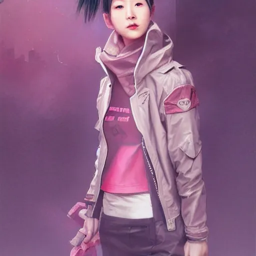 Prompt: Korean cyberpunk female wearing pink techwear jacket and military cargo pants, trending on artstation by Ruan Jia and Mandy Jurgens and Artgerm and william-adolphe bouguereau