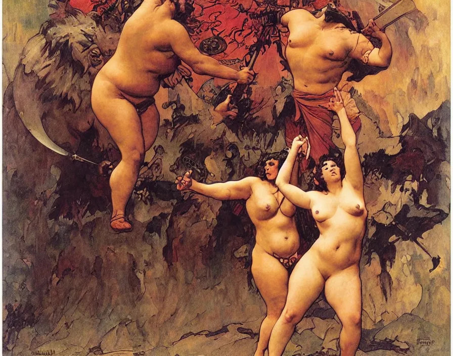 Prompt: a fat warrior stands triumphant over a slain monster, normal rockwell, frank frazetta, mucha bouguereau