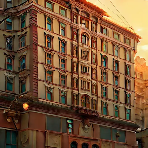 Prompt: wes anderson building facade highly detailed, digital painting, artstation, concept art, sharp focus, art by tokiolab and alphonse mucha, 8 k, ultra realistic, lens flare, glow, soft lighting, hyperrealistic, unreal engine