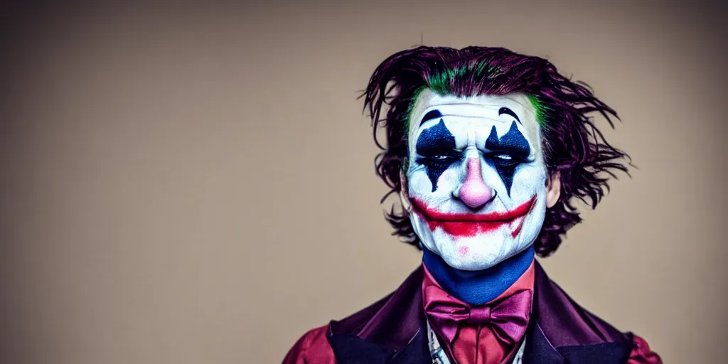 Image similar to closeup joker wearing clothes in the style of directoire style, photograph, grinning, creepy,