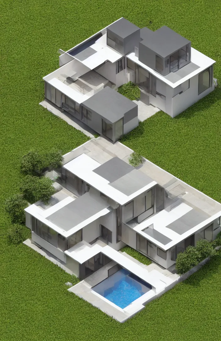 Prompt: architectural model, isometric view, 3 d render, low contrast, single building, three bedrooms house, on a slope, big windows, garage, pool, big tree