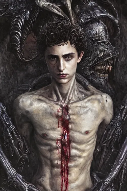 Image similar to portrait of timothee chalamet by hr giger, greg rutkowski, luis royo and wayne barlowe as a diablo, resident evil, dark souls, bloodborne monster