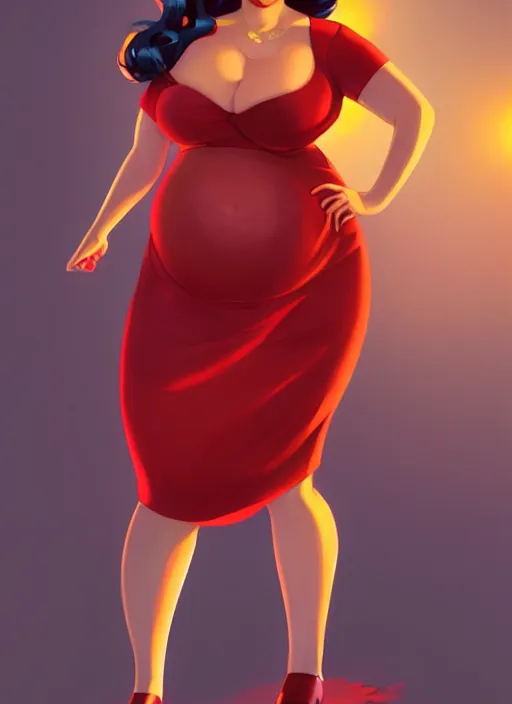 Image similar to full body portrait of teenage veronica lodge, obese, bangs, sultry, realistic, sultry smirk, wavy hair, red skirt, fat, belly, intricate, elegant, glowing lights, highly detailed, digital painting, artstation, concept art, smooth, sharp focus, illustration, art by wlop, mars ravelo and greg rutkowski