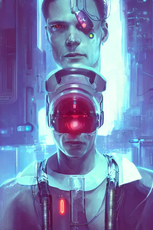 Image similar to illustration of an male cyberpunk character wearing bionic implants, criminal mugshot, highly detailed, oil on canvas, soft lighting, neon pastel colors, by WLOP and Greg Staples, HD, 4K