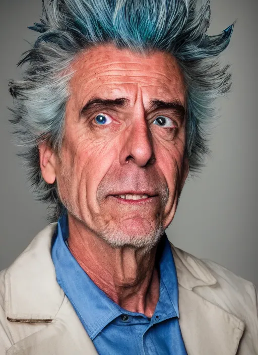 Image similar to portrait photo still of real life rick sanchez, 8 k, 8 5 mm, f. 1 4