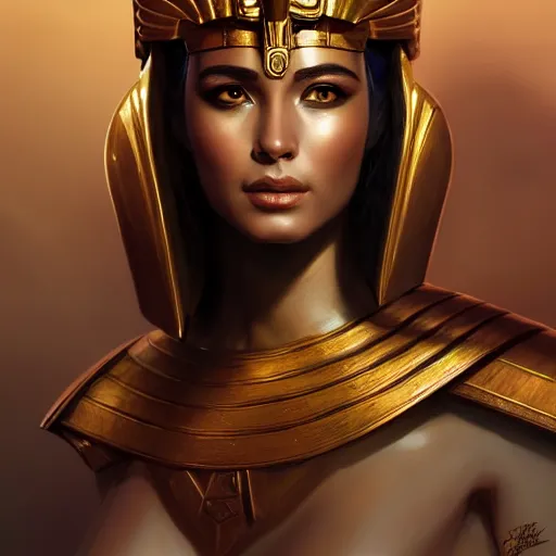 Prompt: portrait of gorgeous egypt goddess in the armor, beautiful face, hyper realistic, highly detailed, digital painting, artstation, illustration, concept art by hyung tae and frank frazetta, digital paint, matte paint, washed colors, dark, gloomy, foggy