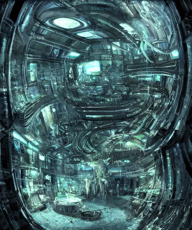 Prompt: a futuristic space colony, large bubble archaeologies, highly detailed, sci-fi, high-tech, neon lights, h.r. giger, alien technology