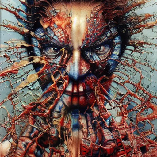 Prompt: detailed masterpiece head and shoulders portrait of struggling Spiderman by Ayami Kojima, Amano, Karol Bak, Gottfried Helnwein and Mark Brooks and Meats Meier, rich deep colors. agony. Beksinski painting, part by Adrian Ghenie and Gerhard Richter. art by Takato Yamamoto. medium shot. masterpiece . intricate artwork by Tooth Wu and wlop and greg manchess, greg rutkowski, very coherent artwork, cinematic, hyper realism, high detail, octane render, unreal engine, 8k, Vibrant colors, Smooth gradients, High contrast. by Katsuhiro Otomo, inspired by anime, movie grain, intricate detail, extremely detailed. painting by Arthur Rackham, Eugene de Blaas, Frederic Leighton