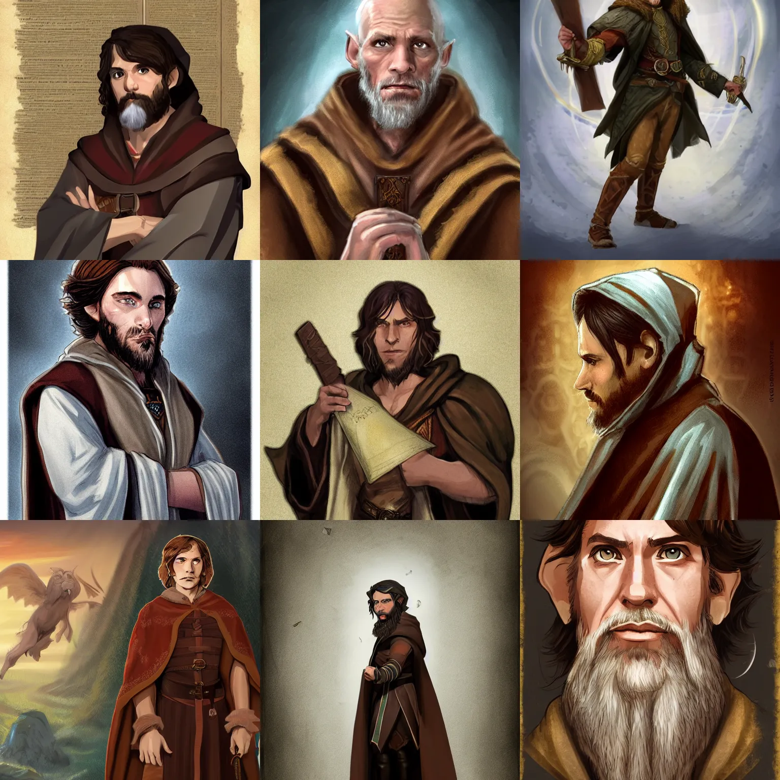 Prompt: Young John Malkovich with short brown hair and brown beard in a cloak, half-elf Divination Wizard Pathfinder character art d&d character portrait