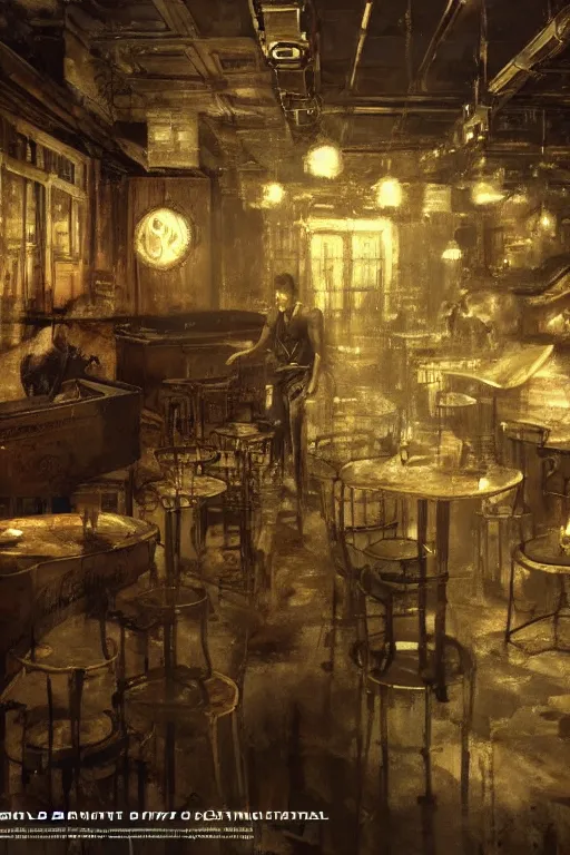 Prompt: An empty jazz cafe as a Mafia: Definitive Edition loading screen, upper body, highly detailed, intricate, sharp details, dystopian mood, 1950 scene by gaston bussiere, craig mullins, somber lighting, drawn by Giacomo Burattini, inspired by graphic novel cover art