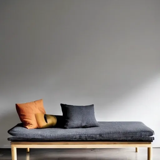 Prompt: wooden sofa, square cushions, studio lighting, scandinavian design, minimalist