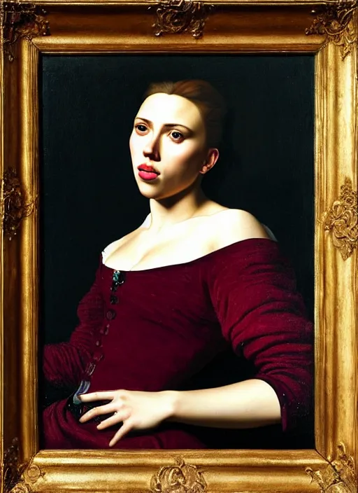 Image similar to portrait of scarlett johansson, oil painting byjohannes vermeer, 1 7 th century, art, oil on canvas, wet - on - wet technique, realistic, expressive emotions, intricate textures, illusionistic detail