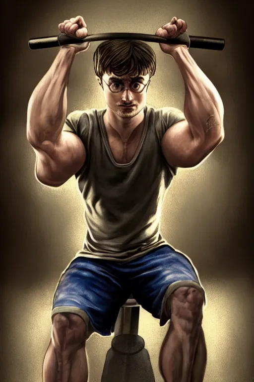 Image similar to highly detailed rendering of Daniel Radcliffe as Harry Potter doing barbell back squats, dingy workout gym, wearing a muscle tee shirt, muscular deep squats, symmetrical, highly detailed, digital painting, artstation, concept art, smooth, sharp focus, illustration, cinematic lighting, art by artgerm and greg rutkowski and alphonse mucha