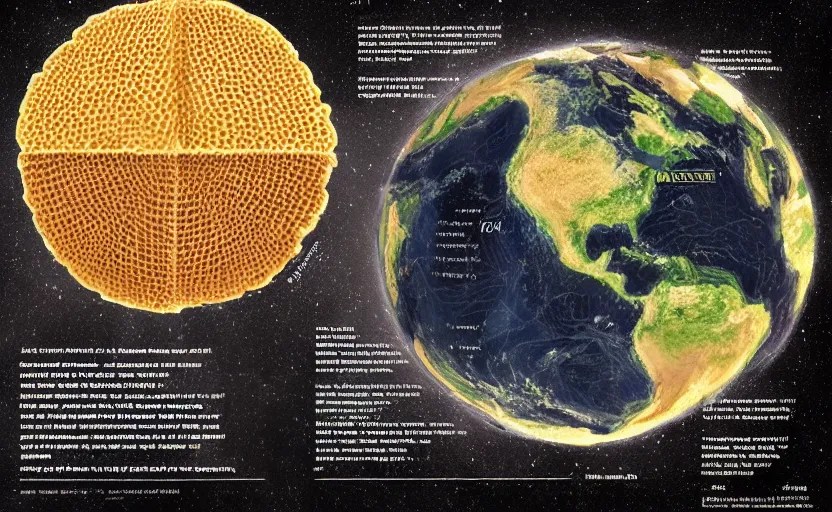 Prompt: the image of earth continents with the appearance and texture of a waffle with scientific diagrams and obscure math equations and symbols and infographics in a magazine article with text