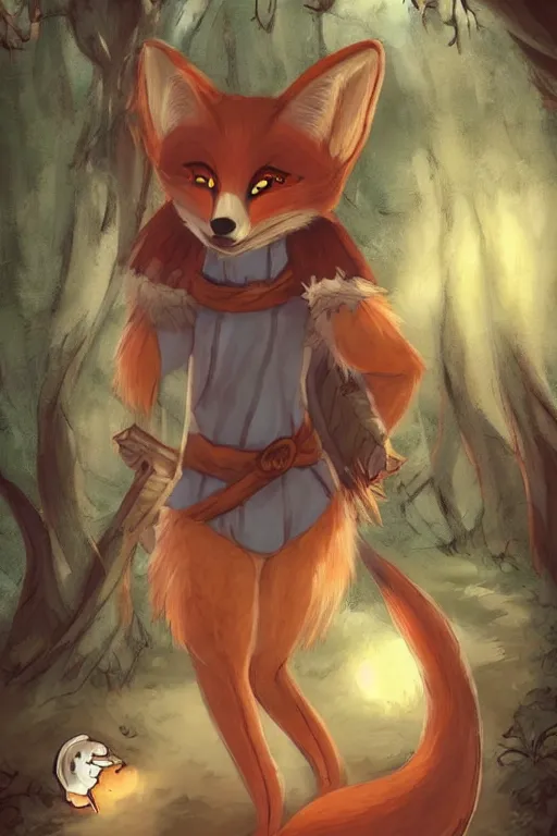 Image similar to a pretty medieval anthropomorphic fox with a fluffy tail in the forest, comic art, trending on furaffinity, cartoon, kawaii, backlighting, furry art!!!, warm shading, concept art, sunset