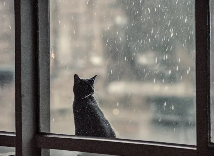 Prompt: photography of a Cat . watching outside the window while it rains. on a bed. in a room full of vinyls and posters, photorealistic, raining award winning photo, 100mm, sharp, high res