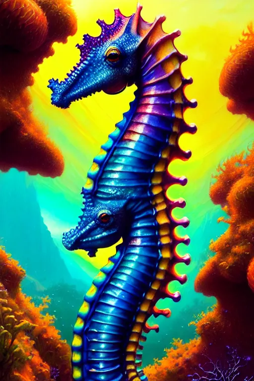 Image similar to highly detailed portrait of rainbow - colored seahorse, stephen bliss, unreal engine, fantasy art by greg rutkowski, rhads, ferdinand knab, makoto shinkai and lois van baarle, ilya kuvshinov, rossdraws, tom bagshaw, global illumination, radiant light, yellow blue theme, coral reef