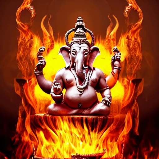 Prompt: Ultra realistic digital artwork of ganesha sitting in a perfect baphomet pose on a burning throne with smoke and ash floating away, improboble ammouunts of detail and accuracy, biblical art style, mana art, prophetic art, ultra detailed, high coherency, DSLR HDR 8k, by Simon Wong of Artstation