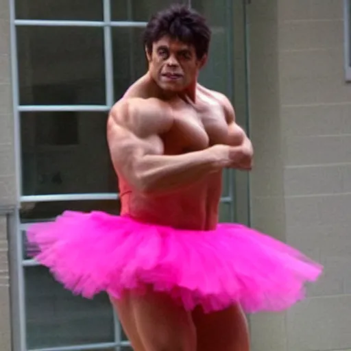 Prompt: hulk dances ballet and wears a pink tutu