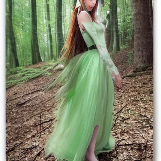 Image similar to a realistic portrait of a realistic female elf with a long withe and light green dress walking in the woods , perfect and hyperrealistic ultra detailed face, by WLOP