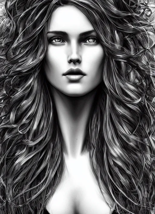 Image similar to up close portrait of a beautiful woman in black and white, photorealistic, intricate hair, art by diego fazio and diegoKoi and oscar Ukono, concept art, sharp focus, artgerm, 8k highly detailed