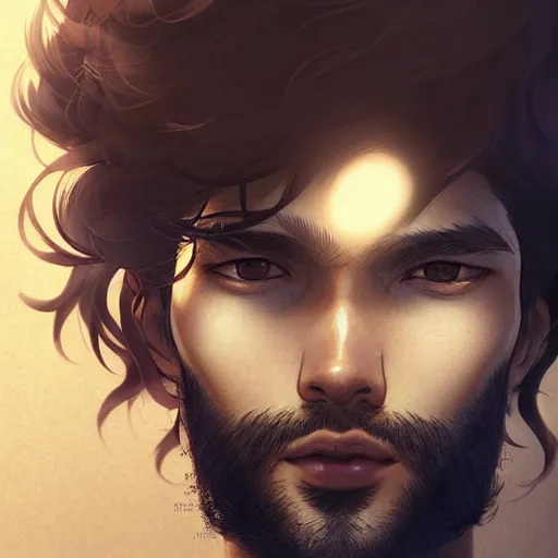 Prompt: Portrait of man with Tousled Curls type hair and Brown Indonesian-type skin, with round face, atmospheric lighting, intricate detail, cgsociety, ambient light, dynamic lighting, anime style by Yusuke Kozaki