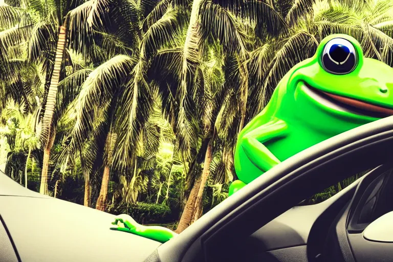 Image similar to human face as a frog driving a car, palm trees