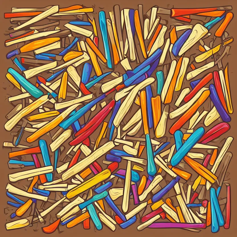 Prompt: cut wooden sticks, Anthropomorphic, highly detailed, colorful, illustration, smooth and clean vector curves, no jagged lines, vector art, smooth