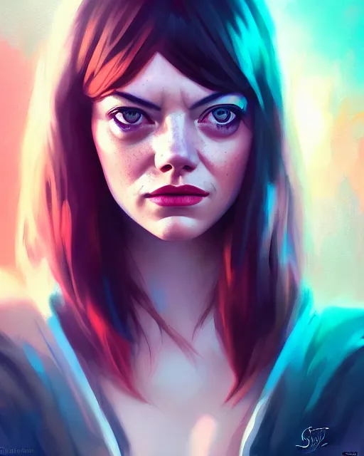 Prompt: emma stone lookalike portrait by greg rutkowski and charlie bowater, vivid, artgerm, aesthetic, fine details, colorful swirls, gaudy colors, luminescent, organic matte painting, realistic eyes, masterpiece, busy background, bokeh, depth of field