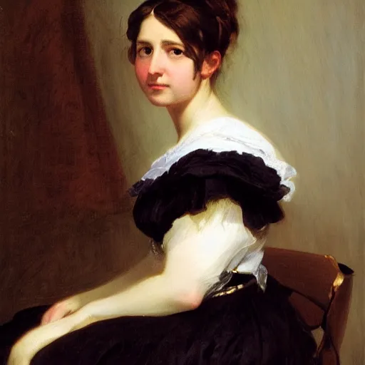Prompt: portrait of a young woman sitting down by Franz Xaver Winterhalter in the 1850s