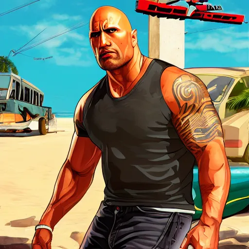 Prompt: Dwayne Johnson in GTA San Andreas , cover art by Stephen Bliss, artstation, no text