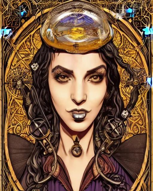 Image similar to a detailed portrait illustration of a steampunk wizard - noble - merchant. beautiful transgender arabic female face. art nouveau, pop art, comic book style. influenced by neil gaiman, h. p. lovecraft, dan mumford, brian froud, vadim voitekhovitch, killian eng, ross tran.