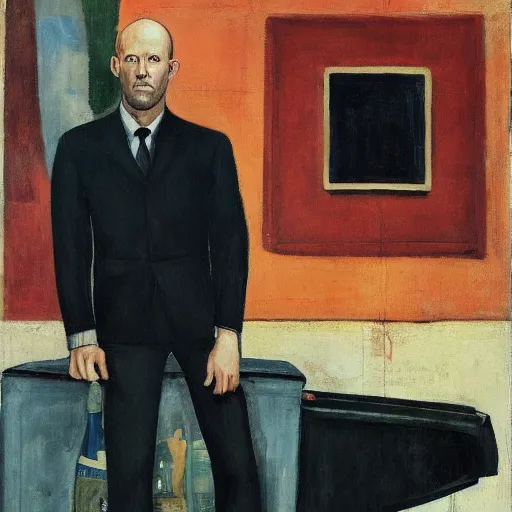 Image similar to portrait of jason statham pet detective standing atop a garbage truck giorgio de chirico mark rothko lucian freud greg rutkowski