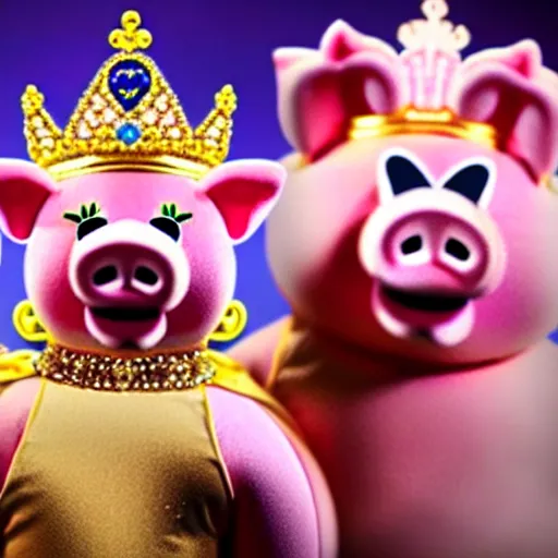 Prompt: full body zoomed out photo of pig king wearing a gold crown depicted as a muppet