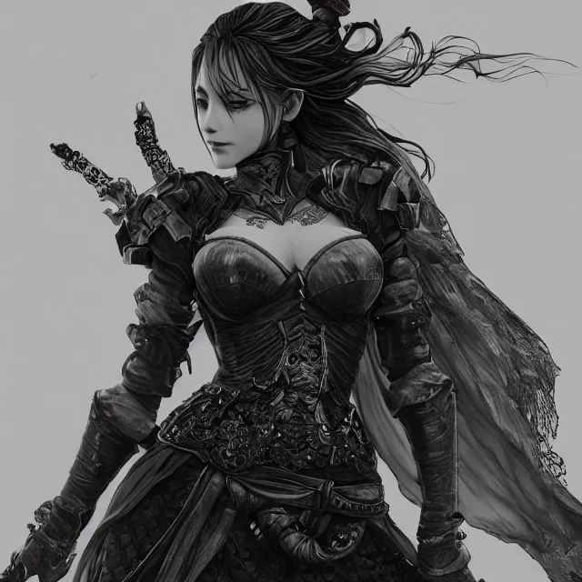 Prompt: the portrait of the neutral evil fallen female dark knight vagabond as absurdly beautiful, gorgeous, elegant, sophisticated gravure idol, an ultrafine hyperdetailed illustration by kim jung gi, irakli nadar, intricate linework, detailed faces, octopath traveler, final fantasy, unreal engine 5 highly rendered, global illumination, detailed and intricate environment