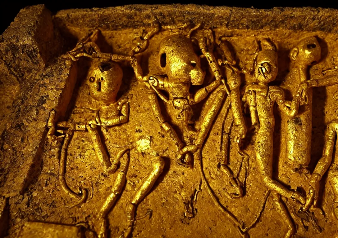 Image similar to Archaeologists discover ancient golden robot inside Mayan burial chamber. Photorealistic. Intricate details.