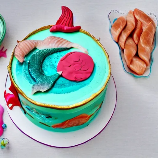 Prompt: mermaid themed birthday cake, food photography, made of meat,