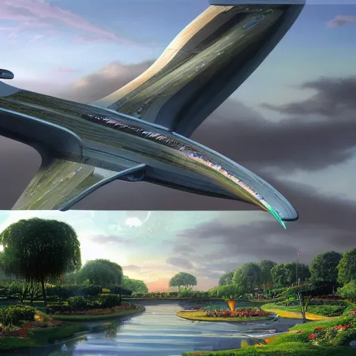 Image similar to a futuristic giant military design boeing architecture in a perfect french garden, Very detailed and perfectly readable fine and soft relevant out lines soft edges painting by beautiful walt disney animation films of the late 1990s and Thomas Cole in HD, nice lighting, perfect readability, UHD upscale