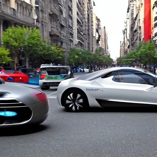 Image similar to Buenos Aires Argentina, futuristic cars in the street, holograms in the street, detailed, hd