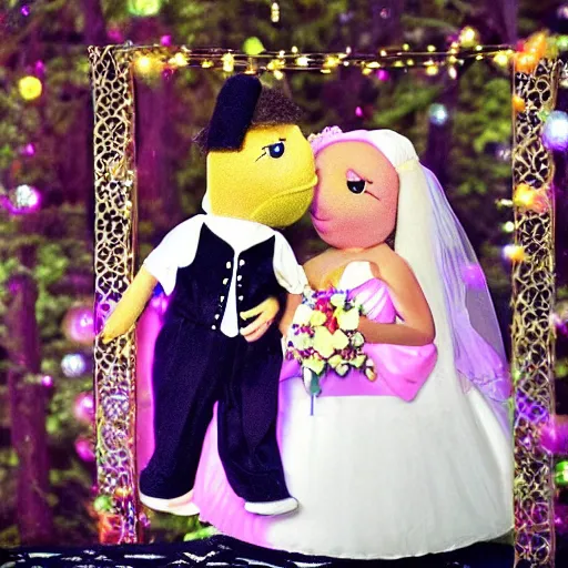 Prompt: “a wedding, featuring 2 puppets, in the style of precious moments, made of b, designed by Sanrio, on a stage, under an arch, chubby shapes, iridescent bubbles ”