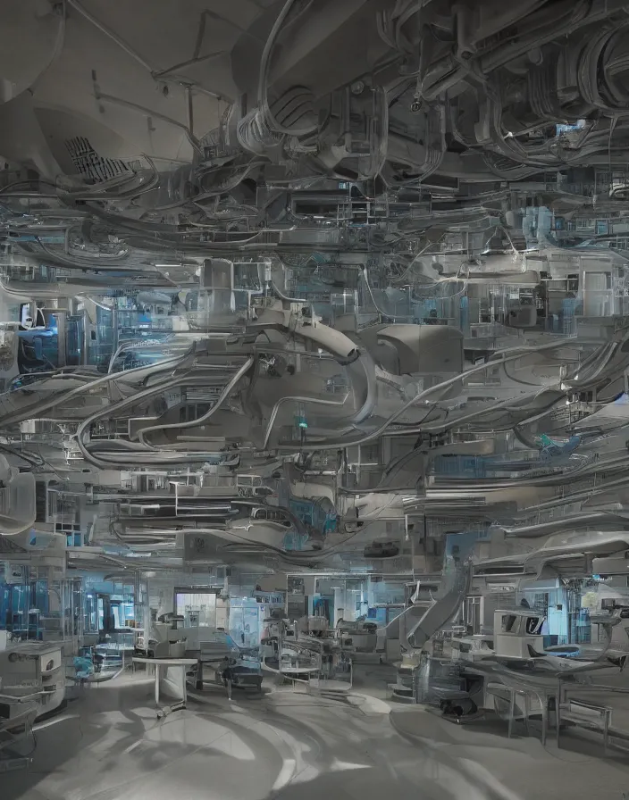 Image similar to a secret research center with a scanning machine connected by many computers with many pipes par ryan church, photorealistic, ultra detailed, cinematographic, filmic